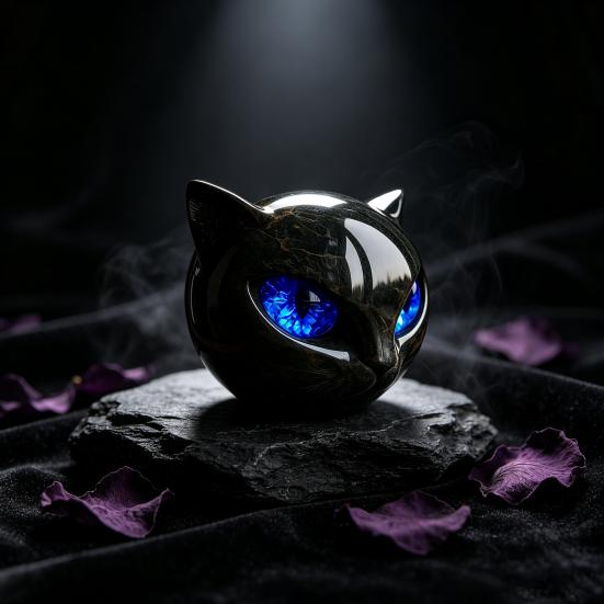 Mysterious Obsidian Style Ornament Spherical Black Cat Head Ornament, Resin Gothic Sculpture with Colorful Lover Gift Eyes for Halloween