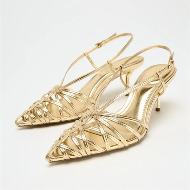 Fashion Gold Narrow Strap Hollow Out Design Heeled Sandals Women Sexy Pointed Toe Ankle Strap High Heels Elegant Banquet Wedding Shoes