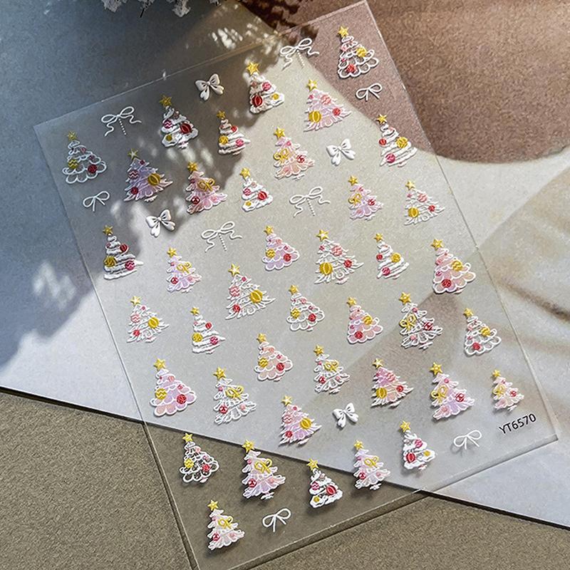 Xmas Tree Nail Stickers Embossed Nail Art Self-Adhesive Decals For Manicure Christmas Party Charm Nail Ornaments