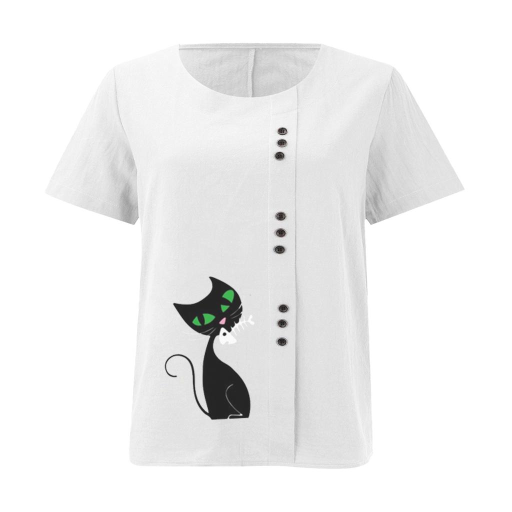 Summer Oversized Cotton and Linen Short-sleeved T-shirt, Cotton and Linen Cat Printed Oversized Women's Clothing
