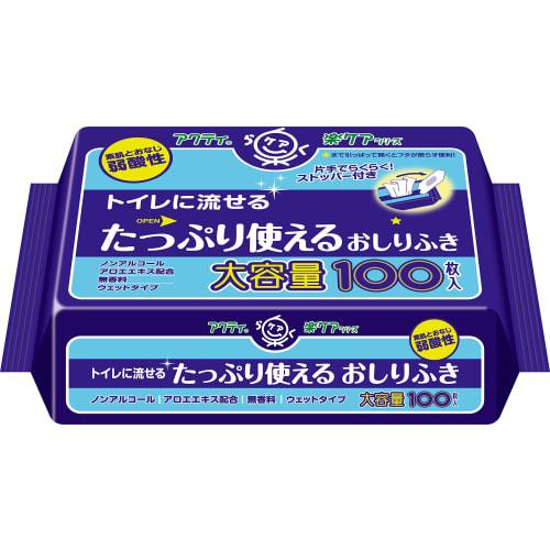 Nippon Paper Crecia Acty Flushable Baby Wipes, 20 X 15 Cm, 100 Sheets (One-Handed Easy-Dispensing Stopper)