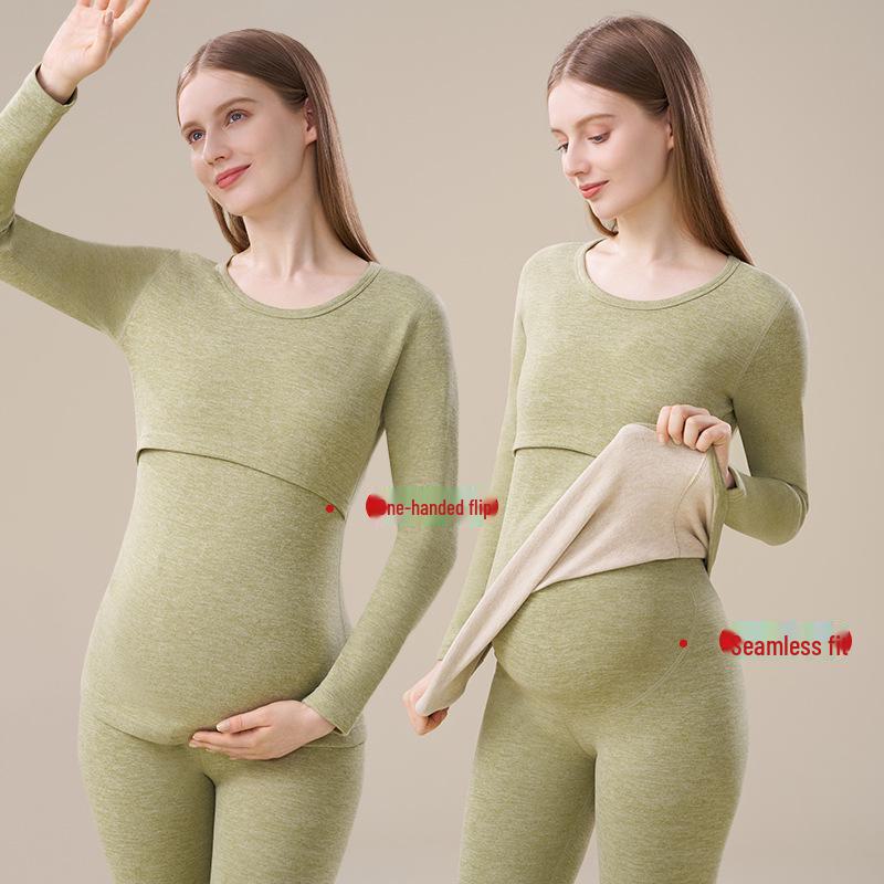Maternity Thermal Underwear Set: Warm, Cozy Top & Bottoms for Postpartum Nursing - Velvet, Cashmere, Silk Blend for Winter