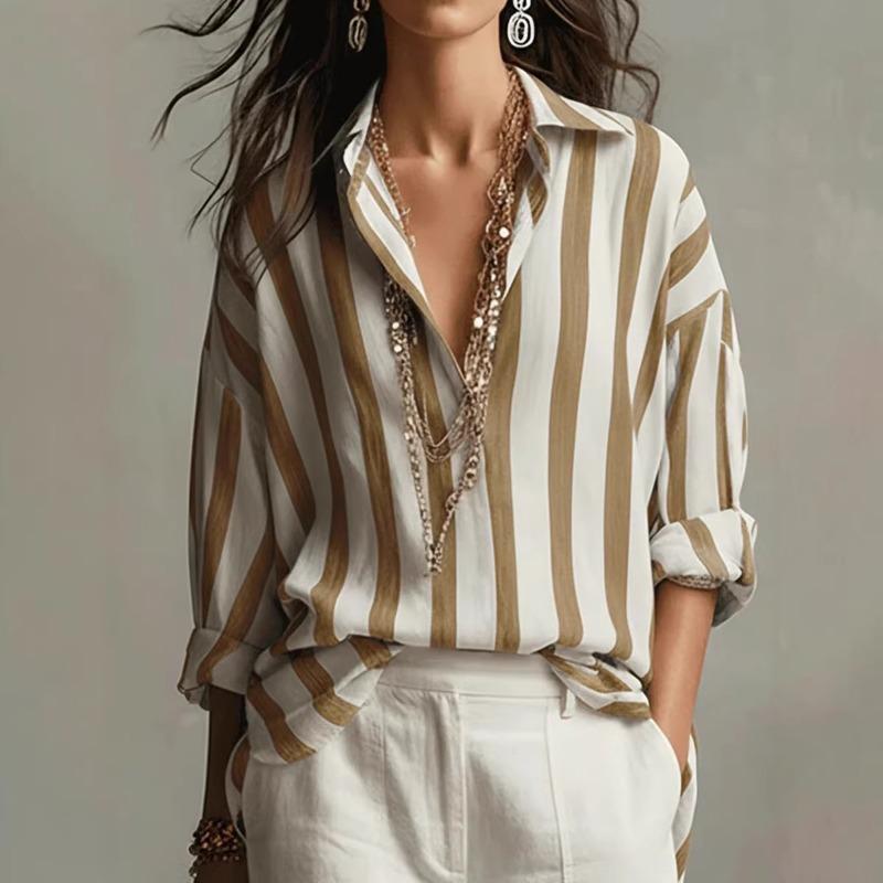 Women Brown White Striped Button Down Shirt Long Sleeve Loose Fit Casual Blouse S коричневый