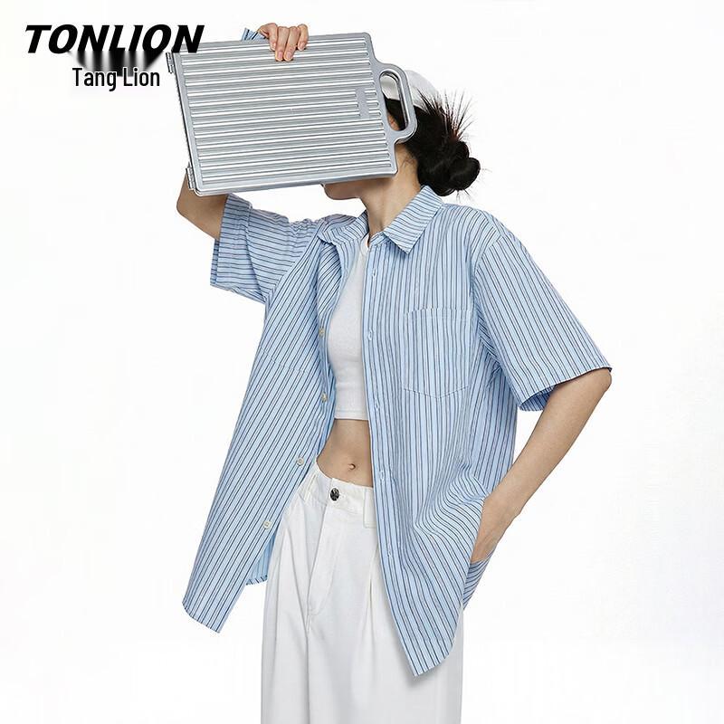 

TonLion Women s Blue Stripe Short Sleeve Shirt L