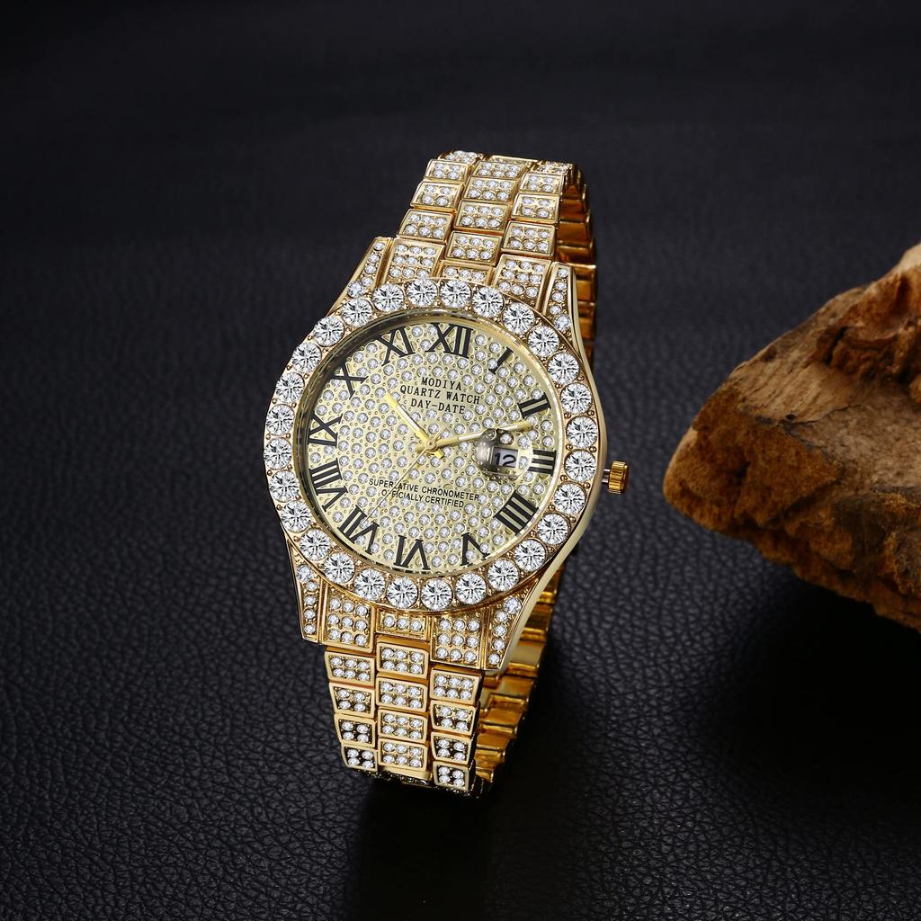 Men's Gold Analog Watch with Roman Numerals, Calendar, Waterproof, Sparkling, Casual, Business, Stainless Steel Band - Perfect for Father's Day, Valen