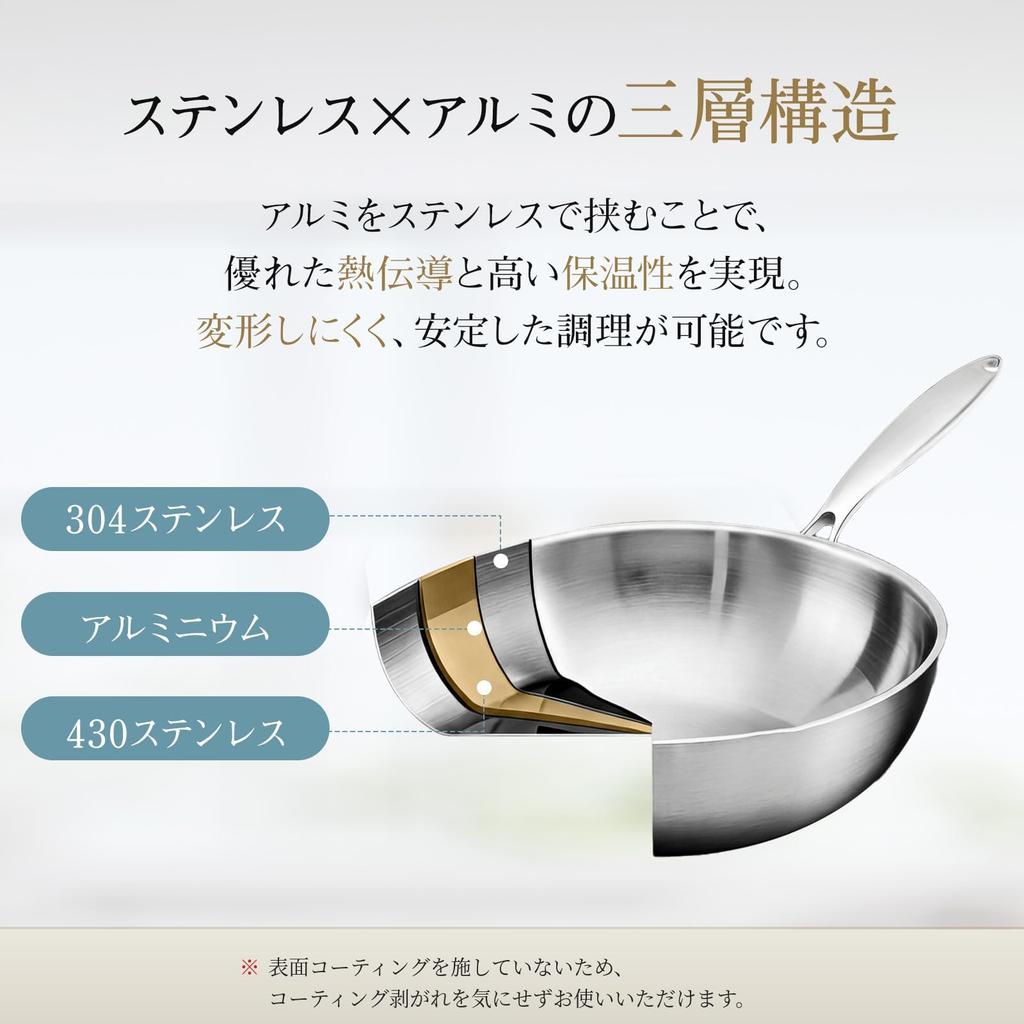 WANGYUANJI Stainless Steel Frying Pan, 30cm Deep, Wok, with Glass Lid, Induction Cooktop Compatible, Gas Stove Compatible, Dishwasher Safe