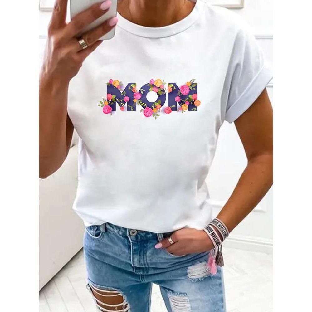 Women Flower Mom Mama 90s Trend Fashion Clothes Print T Shirt Clothing Summer Basic Top Short Sleeve Tee Graphic T-shirts