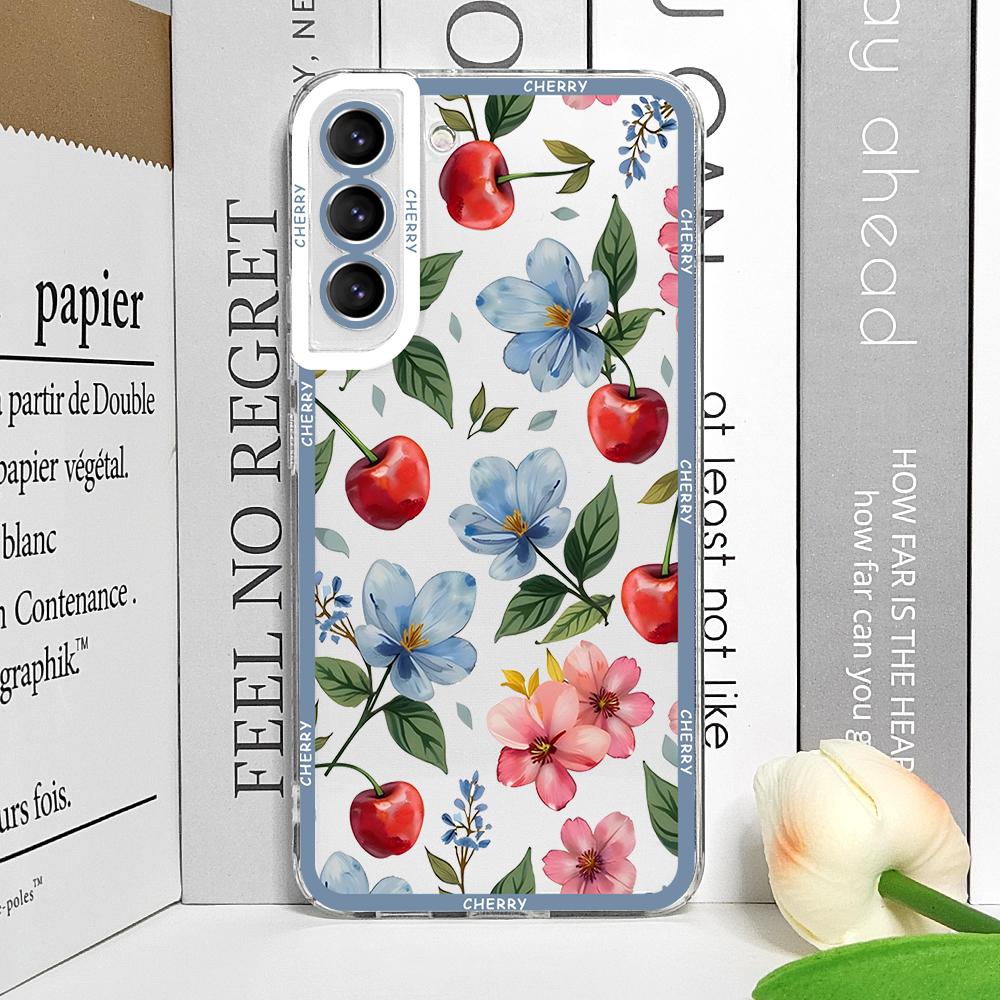 Stylish Butterfly Flower Red Cherry Phone Case for Samsung Galaxy S25 S25FE S24+ S23 Ultra S22 S21 S20 Plus S24 FE 5G Soft Cover