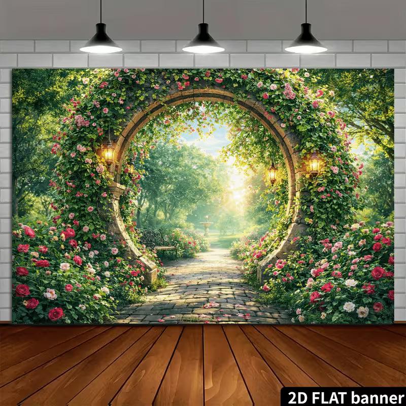Vintage Stone Arch Floral Backdrop, Enchanted Garden with Roses Photo Banner for Events