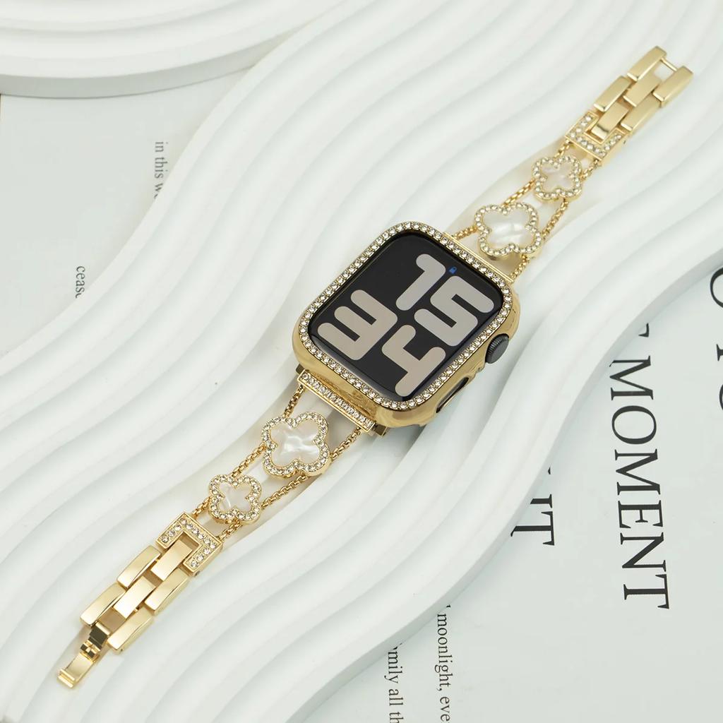 Armband Metallband + Gehäuse Damen Diamantarmband Vierblättriges Kleeblatt für Apple Watch Band Ultra2 49 44 45 42 40 38mm Serie 9 8 7 SE 6 5 4 3