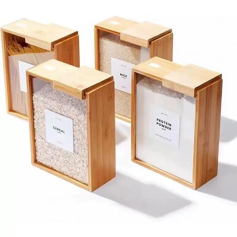 Bamboo & Wood Sliding Lid Grain Storage Box | Wooden Food Dispenser