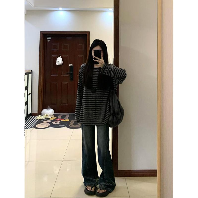 Women's Korean Color Block Stripe Long Sleeve T-Shirt, Early Autumn 2025, Loose Fit, Lazy Style.