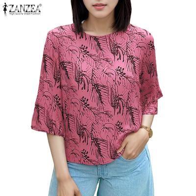 Women Casual Round Neck 3/4 Sleeve Loose Print Blouse