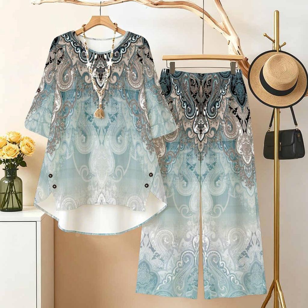 Women's 2‑Piece Outfit, Bohemian Ornate 3/4 Sleeve Irregular Hem Top & Wide Leg Pants Set, Casual Loose Matching Suit