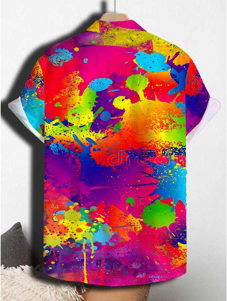 Men'S Vibrant Pattern Short Sleeve Shirt, 100% Polyester Material, Single-Button Style And Lapel Collar, Suitable for Casual Summer Weekends
