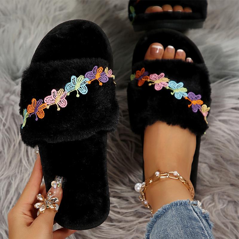 Fashion Embroidery Buttery Fur Slippers for Women Black Faux Fur Cotton Slippers Woman Winter 2025 Indoor Slip On Flat Heel Slides Mujer