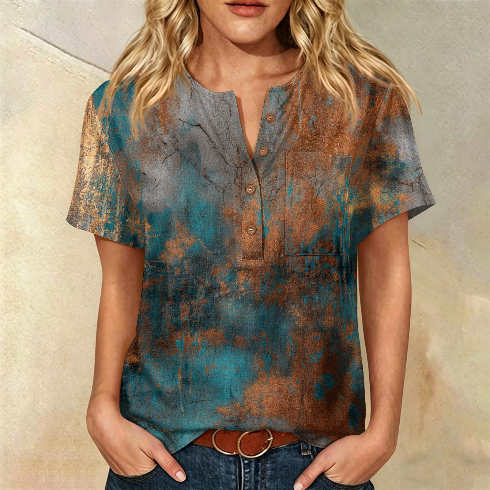 

Women’s Casual Floral Print Henley Shirt with Button Neckline and Chest Pocket Short Sleeve Cotton Linen Top for Daily Wear XXXL коричневий