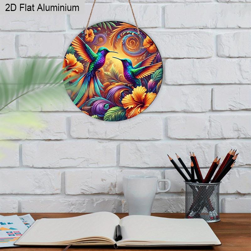 2D Flat 1pc Vintage Colorful Hummingbird Aluminum Sign Round Ornament, Home Office Garden Courtyard Living Room Balcony Decor, Indoor/Outdoor Door