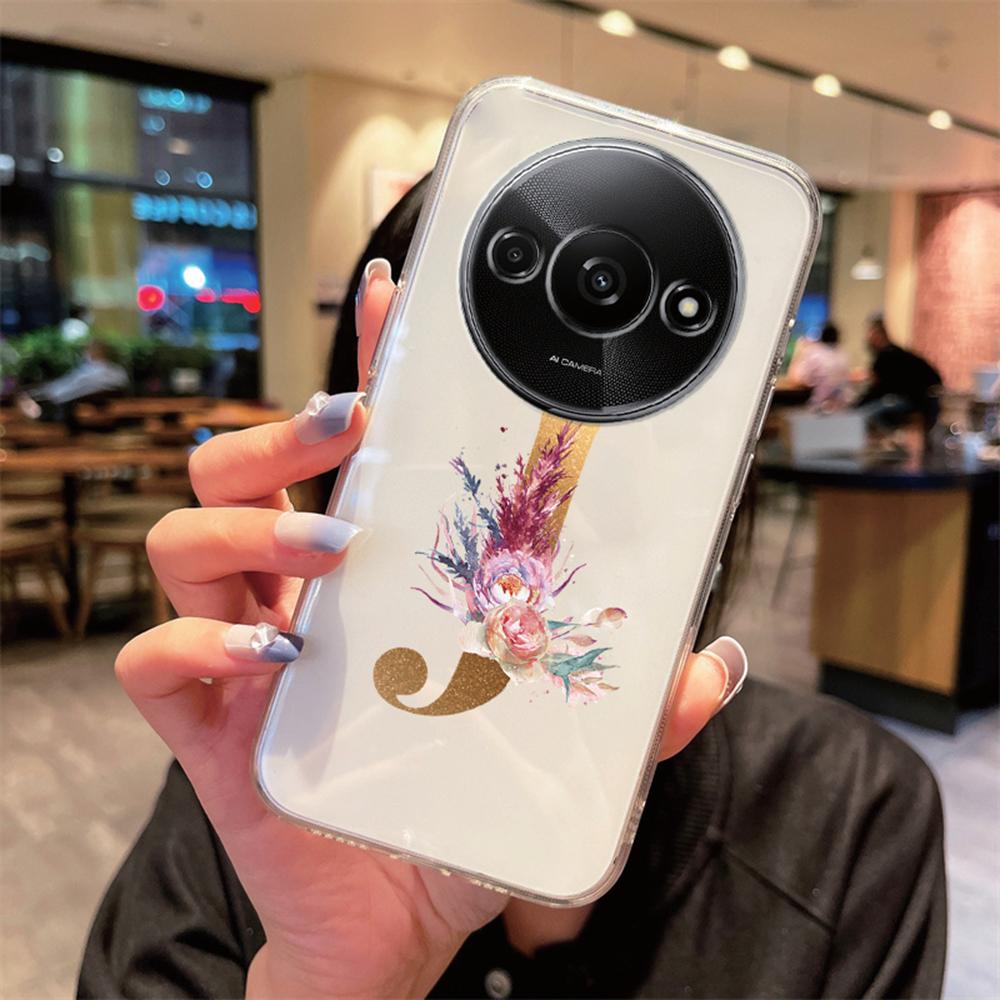 Phone Case For Xiaomi Redmi A3 Redmia3 Transparent Silicone Camera Protection Colorful Flowers Golden Letters A-Z Clear Cover