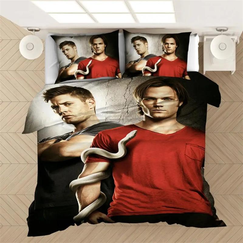 3pcs Bedding Set Winchester Brothers Angel Sam Dean Printed Cozy Duvet Cover King Queen Single Size Birthday Gift Bedroom Decor