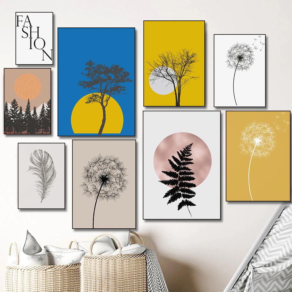 Feather Tree Neutral Dandelion Poster Minimalist Botanical Canvas Painting Print Wall Art Picture for Living Room Home Decor