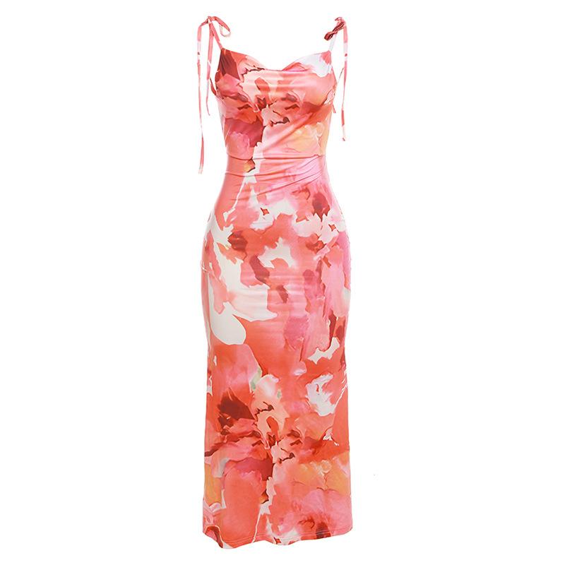 Fashion Floral Suspender Dress Sexy Open Back Split Lace Print Long Skirt High Waist Slim Summer Women's Dress