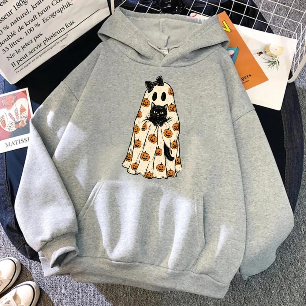 Cute Black Cat Ghost Pumpkin Graphic Hoodie Long Sleeve Women Autumn Winter Sweatshirt Cozy Funny Trend Halloween Women Pullover