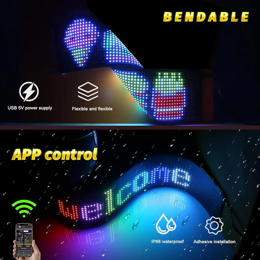 LED Matrix Pixel Panel Display Screen Flexible RGB Car Pattern Graffiti Scrolling Text Animation Shop Reminder Light Bluetooth