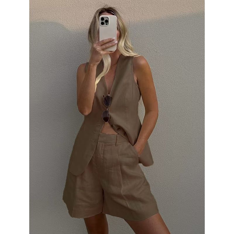 Western Style Fashion Casual Sleeveless Vest Top Shorts Two-Piece Vest and Shorts Set Suit