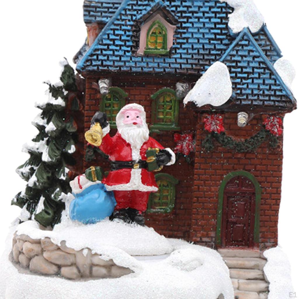 Music Box with , Desktop Ornaments Village Colorful Lights, Santa Snowy House Decoration for