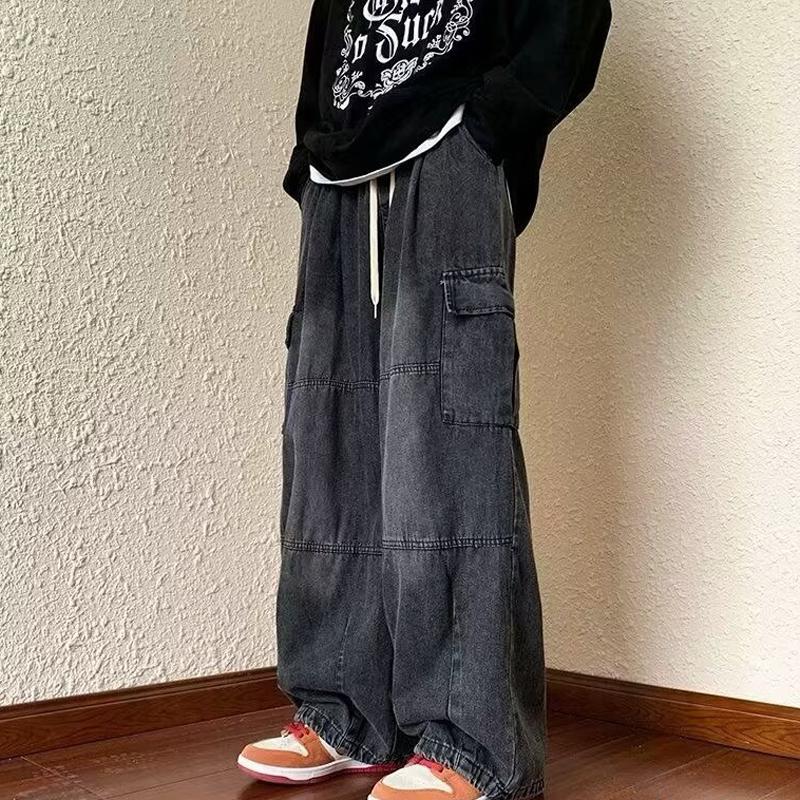 

Мужские/женские брюки-карго свободного покроя, винтажные, с завязками на шнурке, множеством карманов, эластичным поясом, однотонные мешковатые джинсовые брюки, широкие брюки XL чёрный