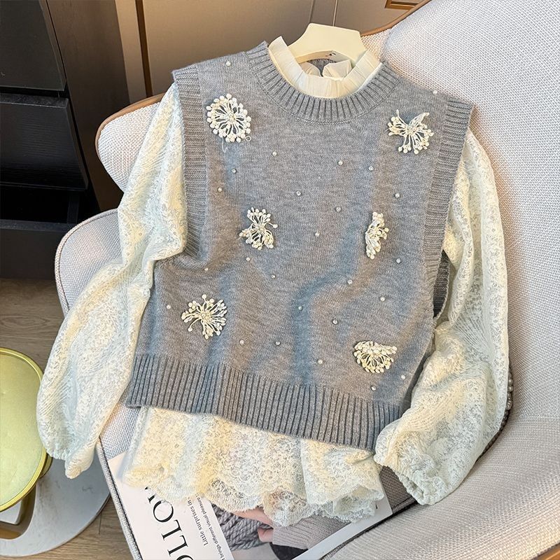 

Women s Long Sleeve Knitted Sweater Vest Hollow Flower Lace Bottom Shirt 2XL сірий колір