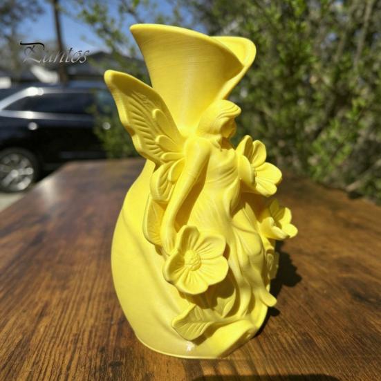 Forest Style Decor 3D Printed Fairy Garden Sculpture Vase, Fantasy Flower Pot with Bright Yellow Vase Statue, Dual-Use Holder for Desktop Entryway