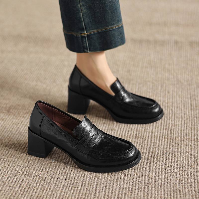Krazing Pot Sheepskin Round Toe Thick Med Heels Spring Shoes Slip On Big Size 42 Loafers Women Platform Pumps