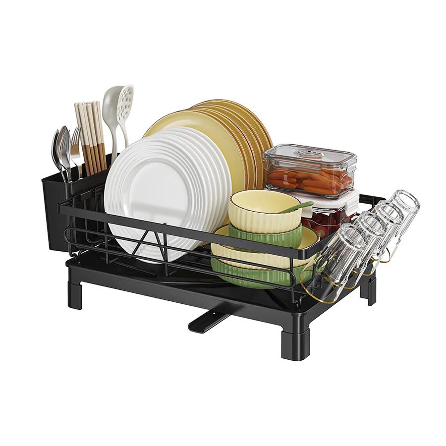 

Dish drainer rack with cup holder and utensil caddy, non-slip metal drying rack, compact for 1-3 persons, removable drain tray 1-tier чёрный