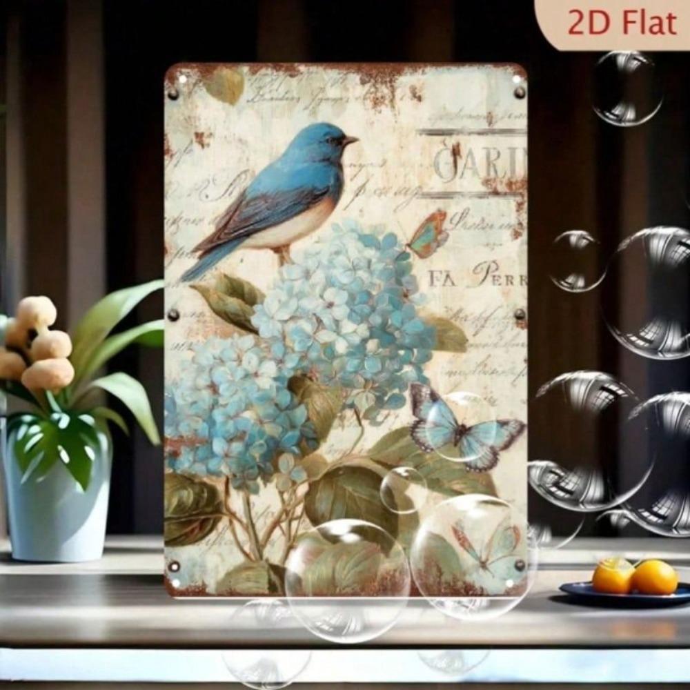 Metal Wall Art Hydrangea Bluebird Vintage Rustic Farmhouse 8x12 Inch Living Room Decor