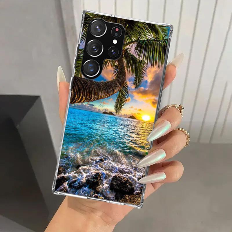 Letni Zachód Słońca nad Morzem z Palmą Etui na Telefon dla Samsung Galaxy S26 S24 S23 Ultra S25 Edge S22 S21 Plus S20 FE + Miękki Nadruk Osłona