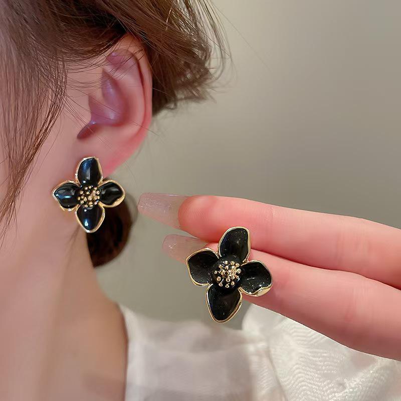 French Retro Red Roselle Drip Glaze Flower Earrings