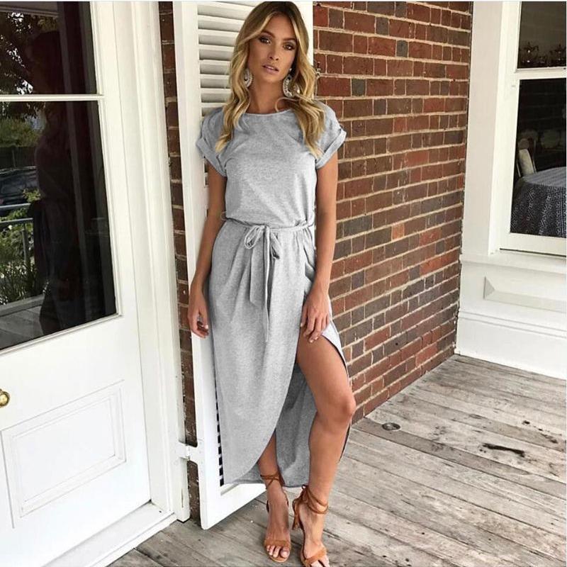 Women Solid Color Turn Back Short Sleeve Round Neck Irregular Dress Minimalist Elegant Slim