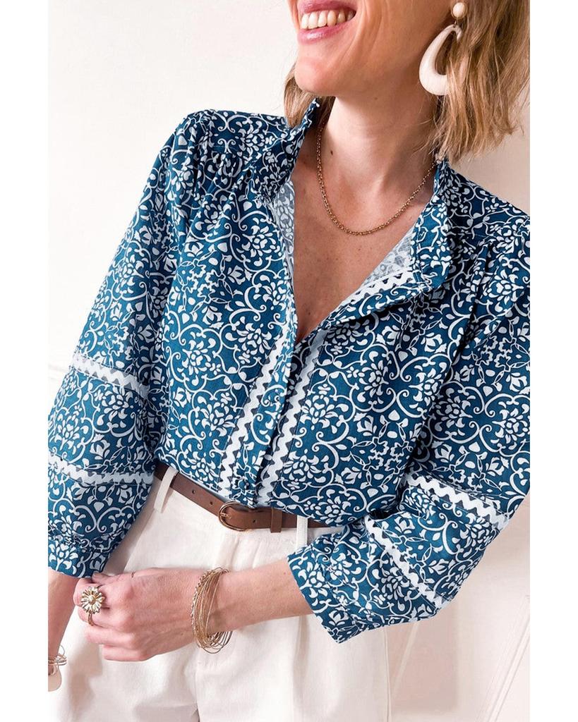 Azura Exchange Blue Floral Ric-rac Patchwork Button Loose Fit Shirt