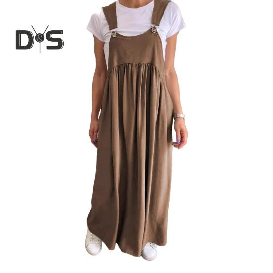 

Женское платье свободного покроя без воротника, без рукавов, без спинки, с подтяжками, однотонное плиссированное макси-платье для путешествий, пляжа, повседневной носки M темно-коричневого