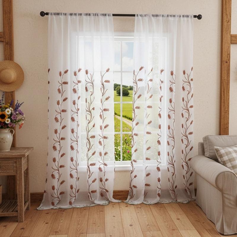 Rod Pocket Design Semi Sheer Curtain Easy Installation Wheat Embroidered Voile Drape Light Filtering for Home Decors