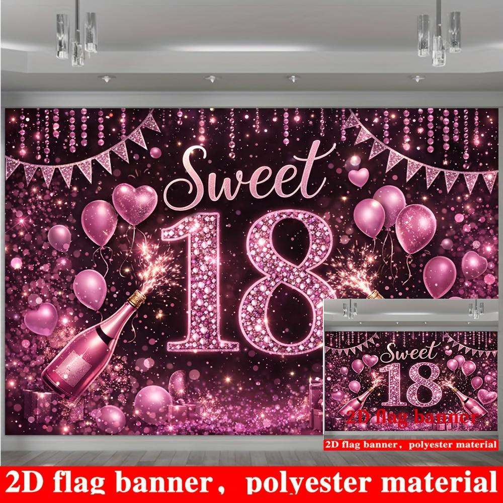 Sweet 18 Birthday Banner Backdrop Purple Glitter Balloons Champagne Hearts