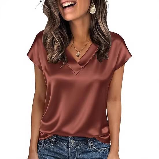 2026 Women's V-Neck Satin T-Shirt - Solid Color, Spring/Summer European American Style, Casual Business Pullover.