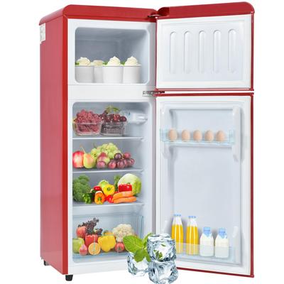 92L Double Door Refrigerator with 28L Freezer, 45dB, LED, Glass Shelves, Vegetable Compartment, Door Shelves, Red, Ideal for Kitchen/Living Room/Office