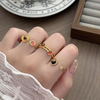 Retro Texture Two-Color Imitation Tiger'S Eye Stone Open Ring Niche Light Luxury High-End Sense Stacked Wearing Personalized Ring Woman