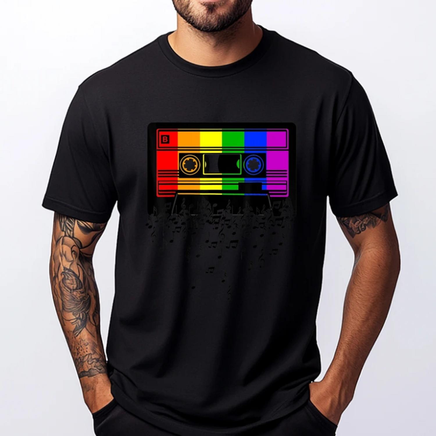 

Lgbt Gay Pride Rainbow Flag Gift Music Note Cassette Plain Shirt T Shirt Graphic Cotton Streetwear Short Sleeve Letter XXXXXL чорний