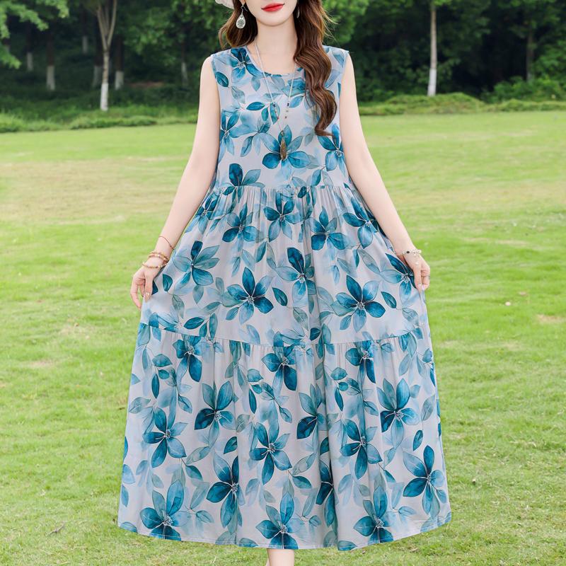 Elegant Sleeveless Dress for Women Plus Size Loose Vintage Print Long Dress Summer Middle-aged Women's Clothing