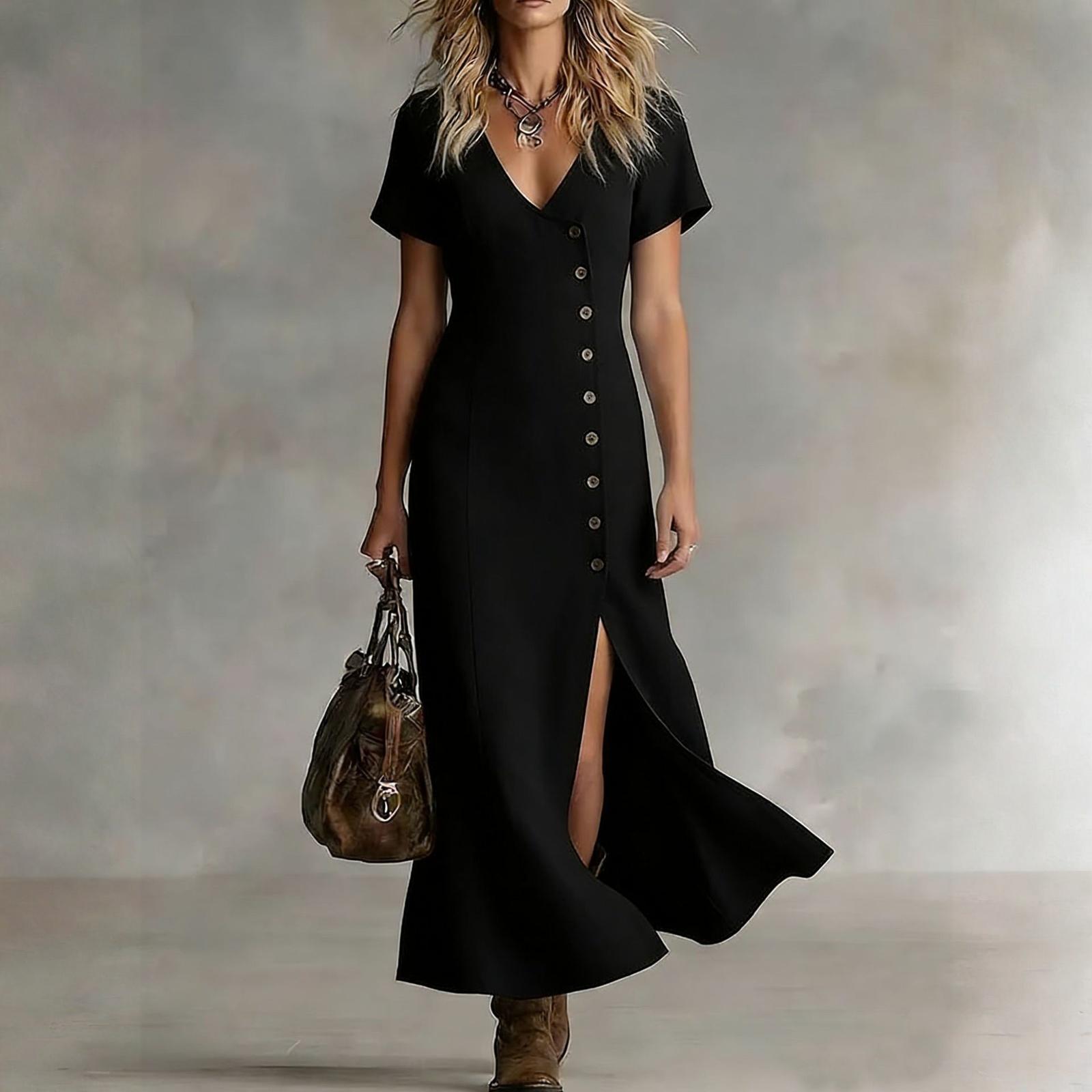 Fashionable Women s V-neck Short Sleeved Button Slit Fashionable Casual Cotton And Linen Dress L чёрный