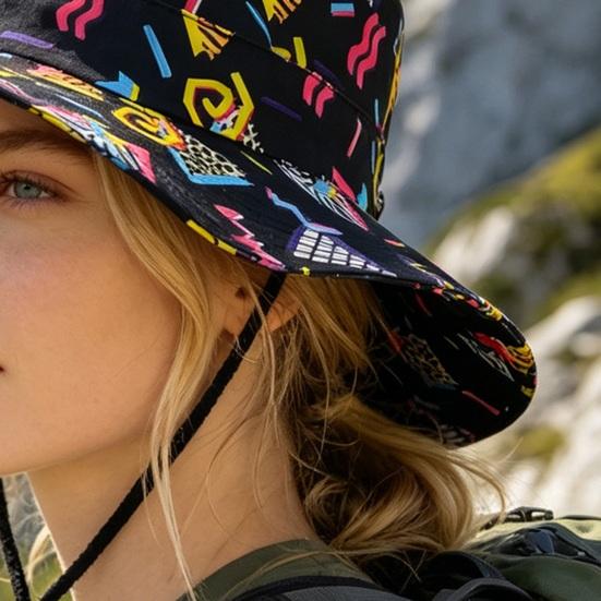 Klobouk Bucket Hat Široký okraj Barevný geometrický vzor Rybářský klobouk Bezpečnostní větruodolná šňůrka Přenosný skládací klobouk na ochranu před sluncem